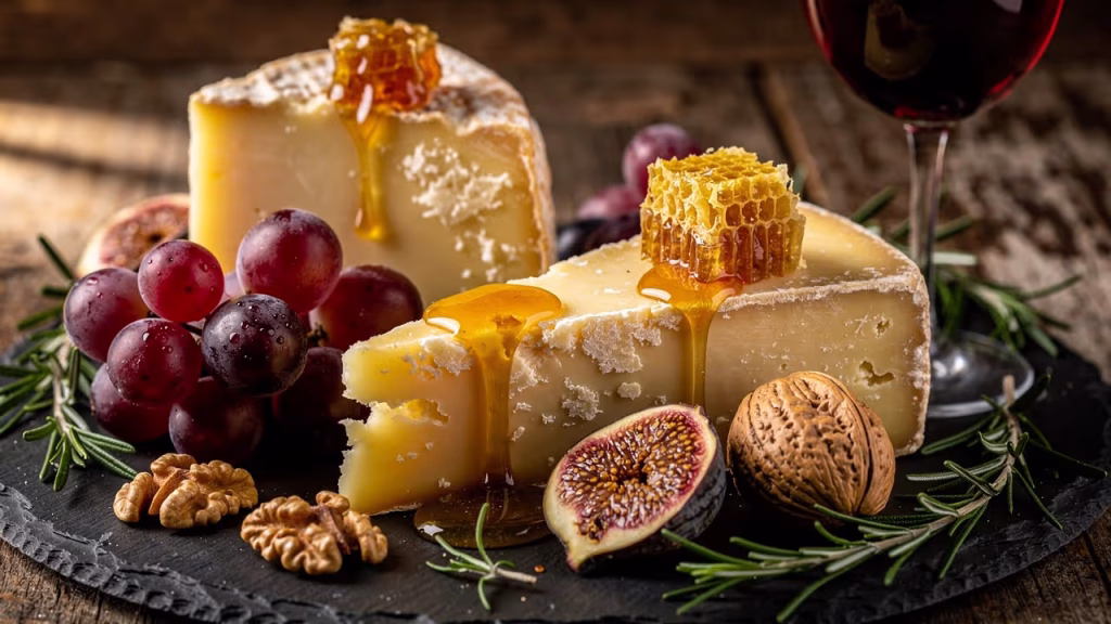 Artisanale kaasplank met halfharde kazen en druiven Artisanale kaasplank met halfharde kazen en druiven