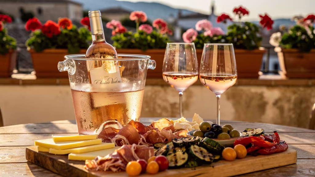Gekoelde rosé wijn met gemengde tapas op zomers terras Gekoelde rosé wijn met gemengde tapas op zomers terras