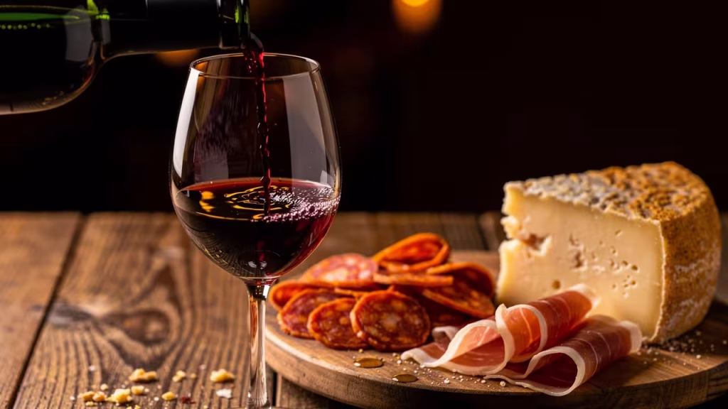 Rode wijn geschonken naast chorizo en jamón ibérico tapas Rode wijn geschonken naast chorizo en jamón ibérico tapas