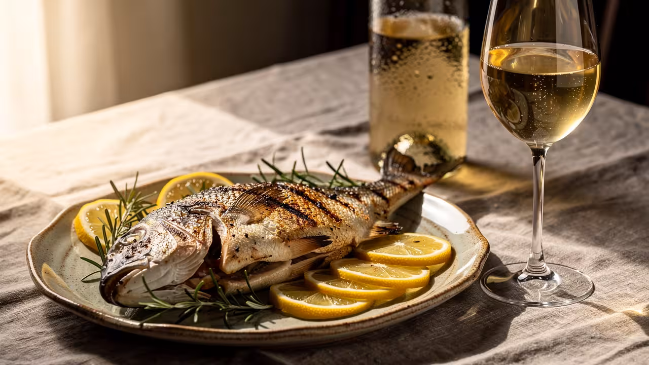 gegrilde dorade met citroen en witte wijn op gedekte tafel