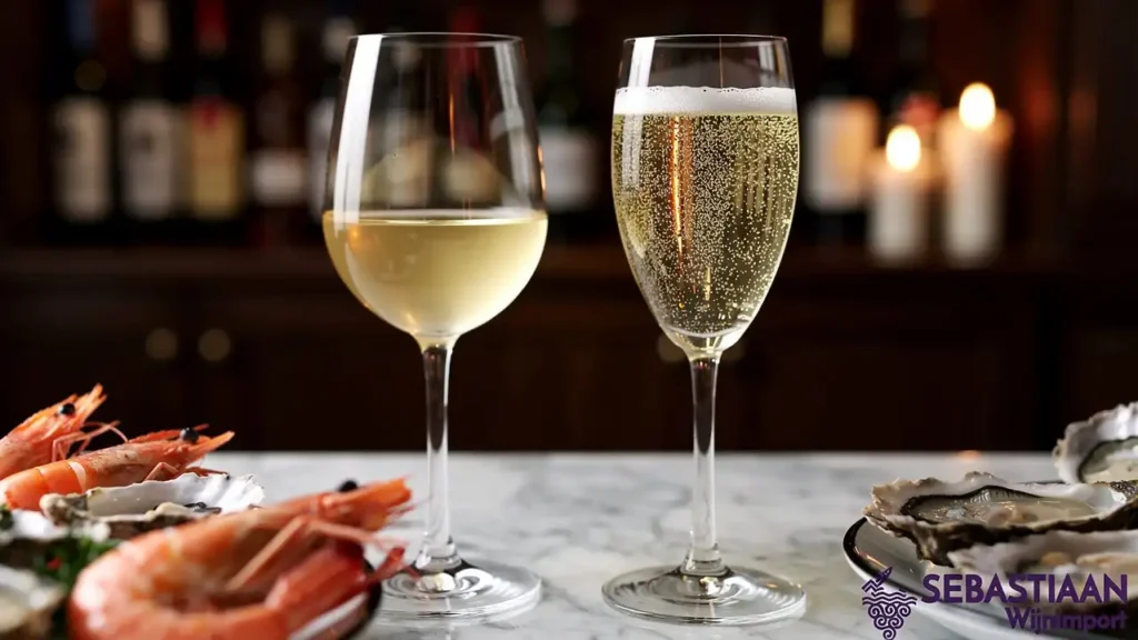 Glas Cava en witte wijn naast zeevruchten in restaurant.