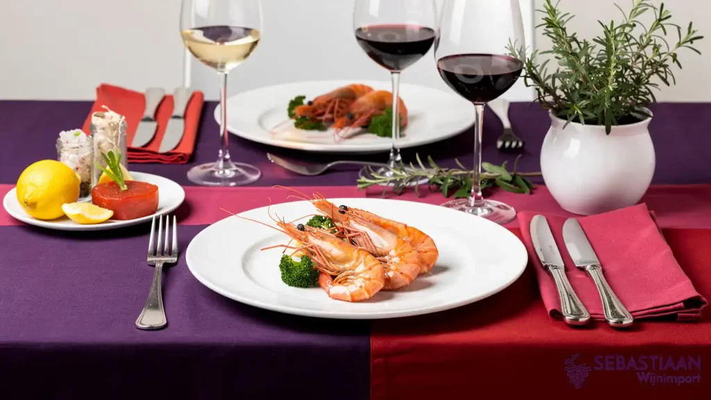 Gegrilde gamba's met rosé wijn op gedekte eettafel. Gegrilde gamba's met rosé wijn op gedekte eettafel.
