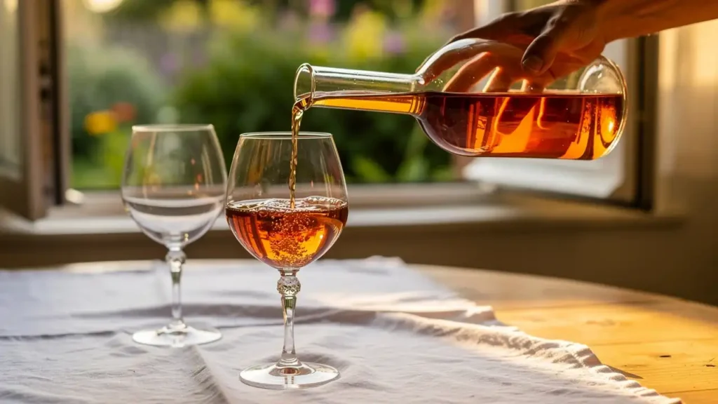 Oranje wijn inschenken vanuit karaf in breed glas. Oranje wijn inschenken vanuit karaf in breed glas.