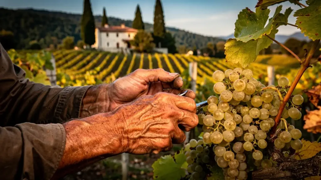 Handmatige oogst van witte druiven in Italiaanse wijngaard. Handmatige oogst van witte druiven in Italiaanse wijngaard.