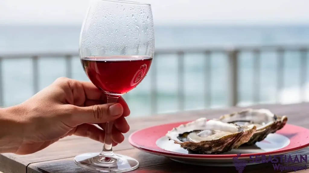 Glas koude witte wijn naast oesters op een terras. Glas koude witte wijn naast oesters op een terras.