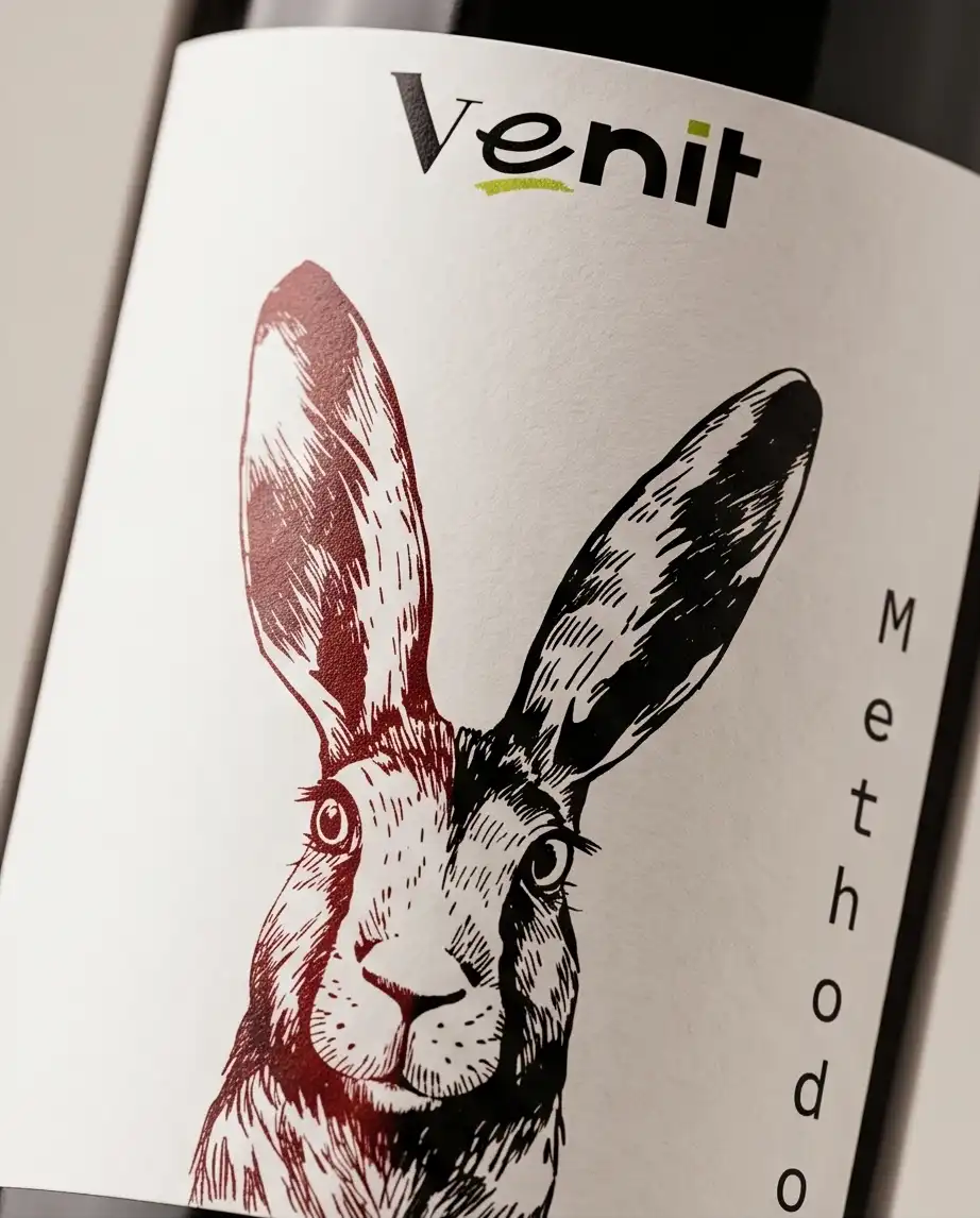 Het etiket van Balioso Carménère Met de afbeelding van de kop van een haas