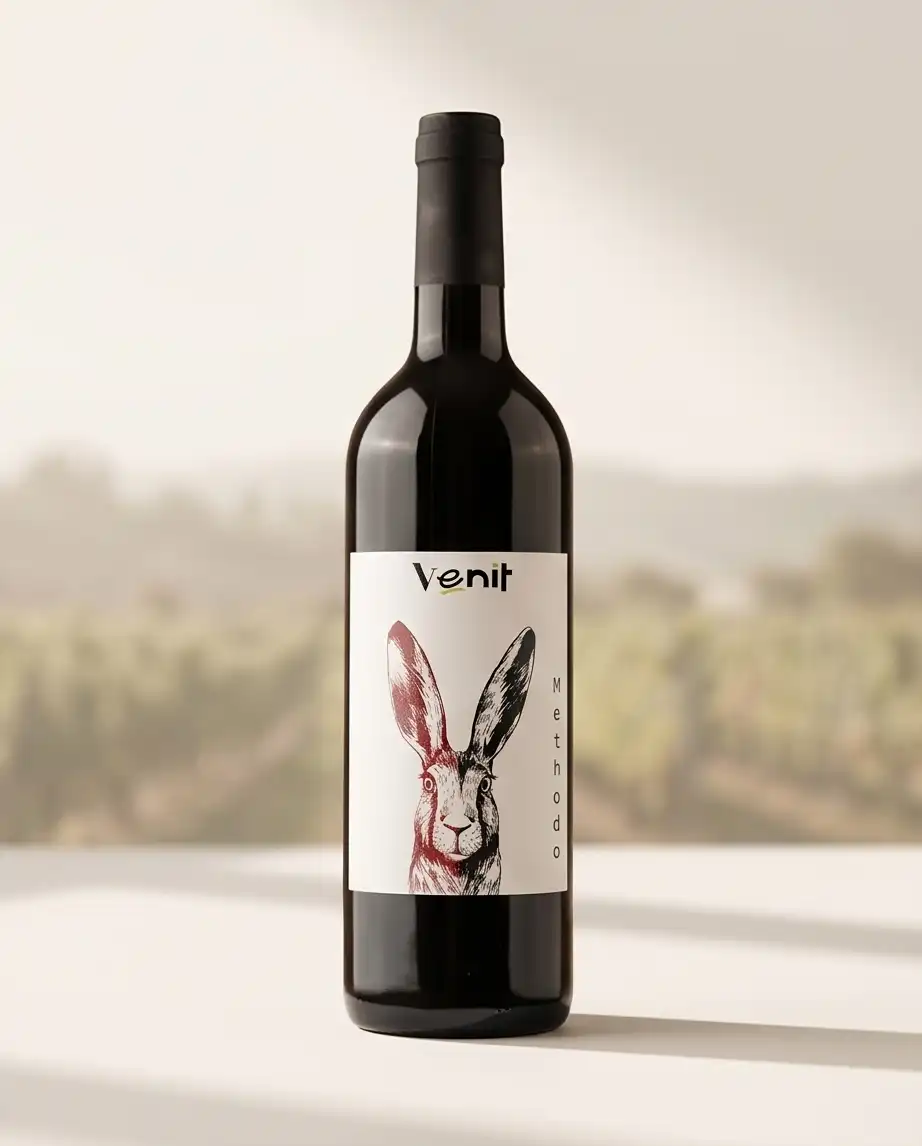 Balioso Carmenère op witte tafel met wijngaard op de achtergrond