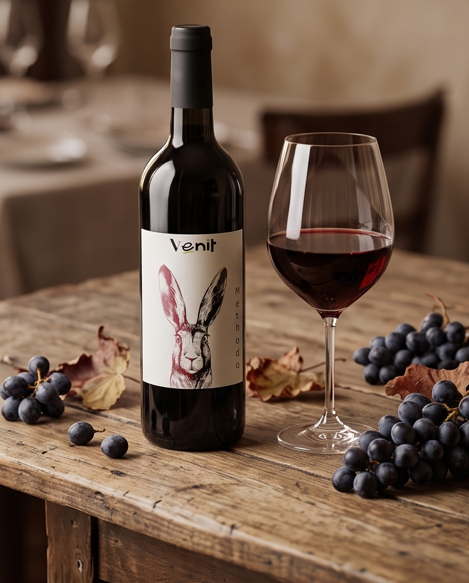 Methodo Carmenère op rustieke tafel met blauwe druiven en glag rode wijn