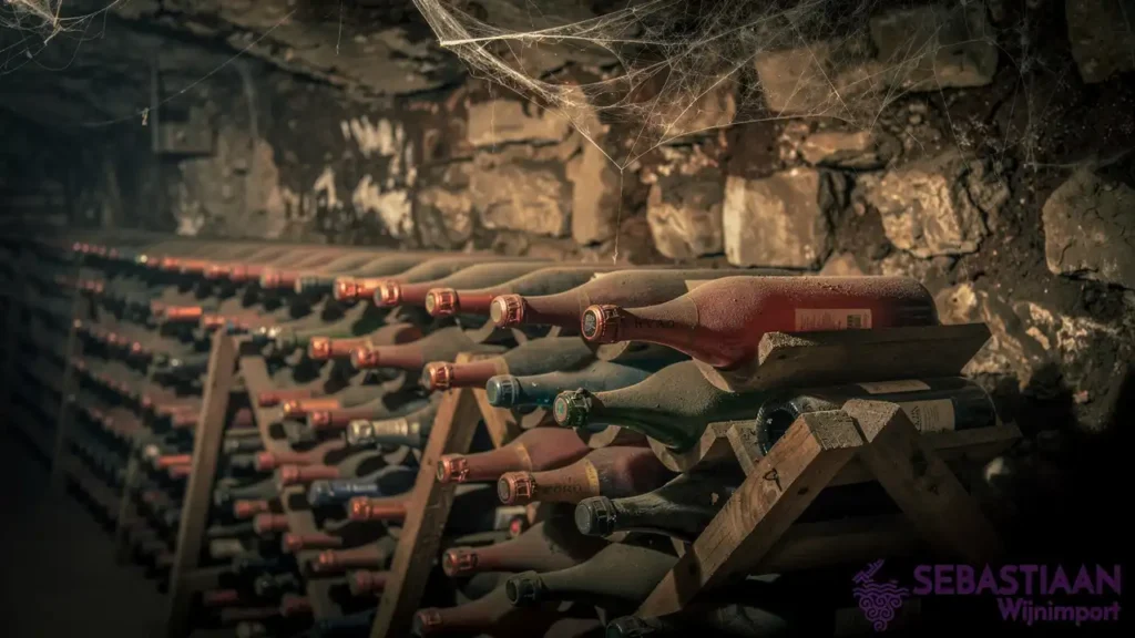 Champagnekelder met flessen die op gist rijpen Champagnekelder met flessen die op gist rijpen