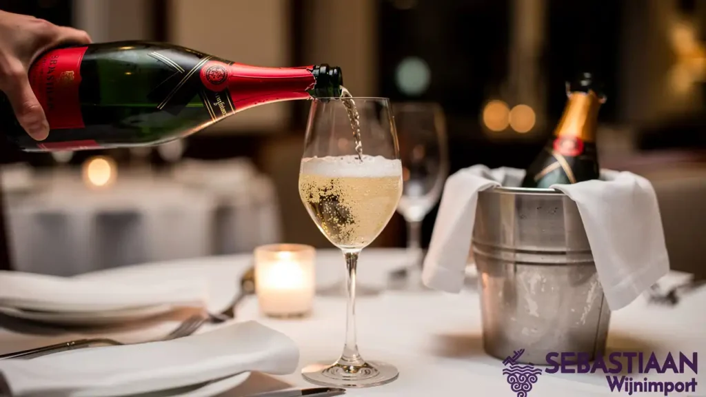 Champagne inschenken in tulpglas tijdens diner Champagne inschenken in tulpglas tijdens diner