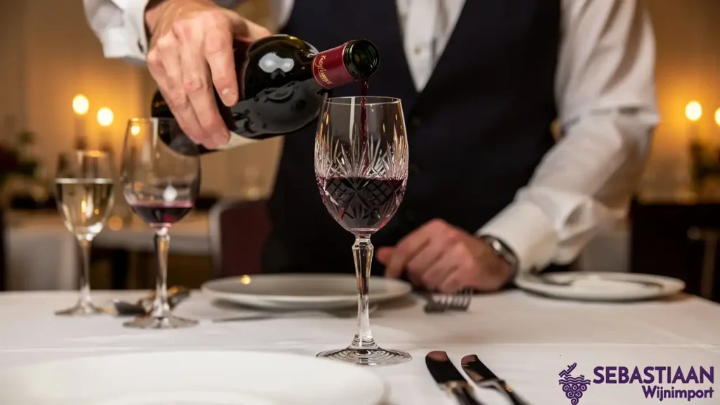 Sommelier schenkt wijn voor persoonlijk advies aan tafel Sommelier schenkt wijn voor persoonlijk advies aan tafel
