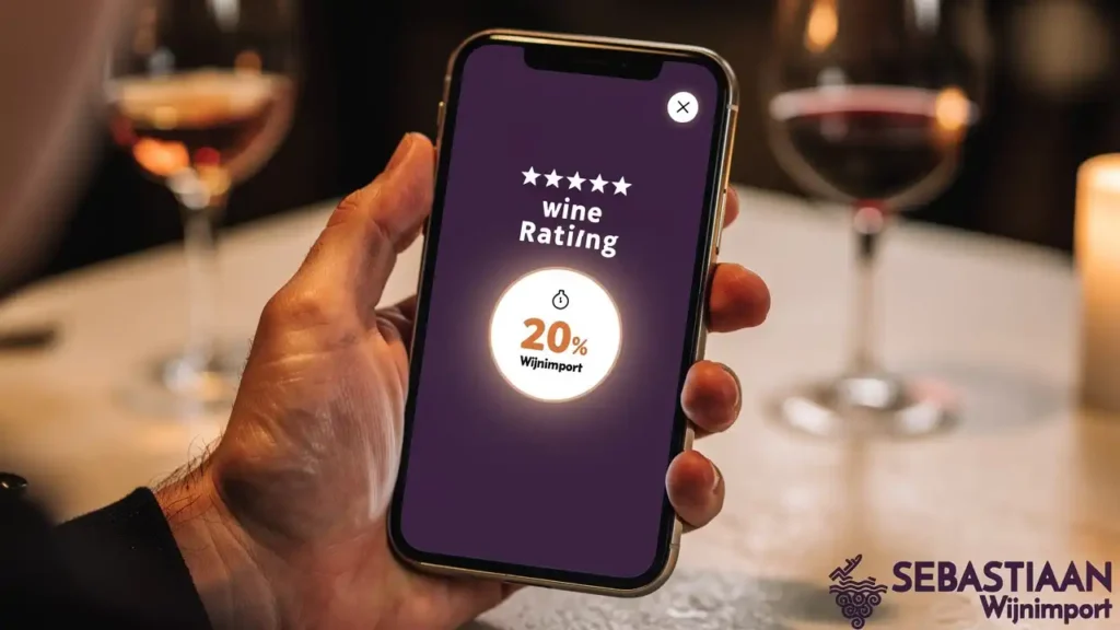 Smartphone toont wijnbeoordeling en score in restaurant Smartphone toont wijnbeoordeling en score in restaurant