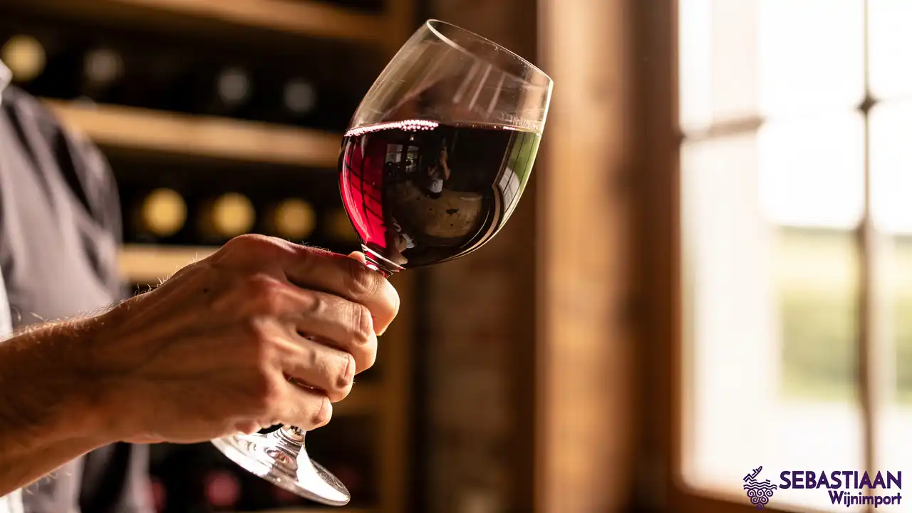 Sommelier controleert glas rode wijn, om fouten in wijn herkennen