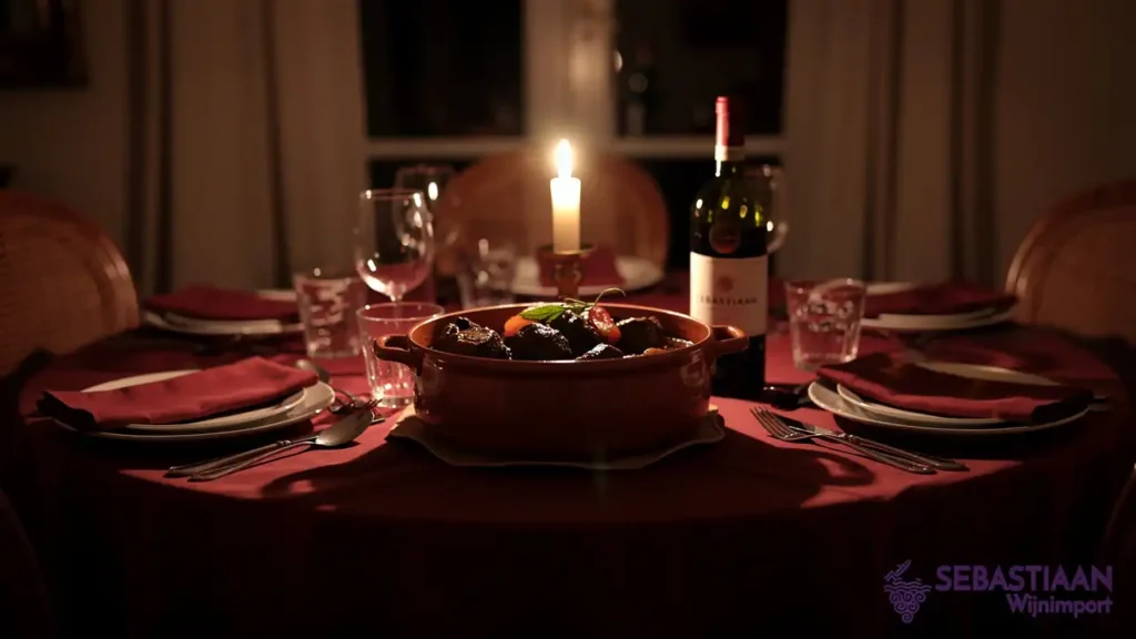 Boeuf Bourguignon met rode wijn en kaarsenlicht Boeuf Bourguignon met rode wijn en kaarsenlicht