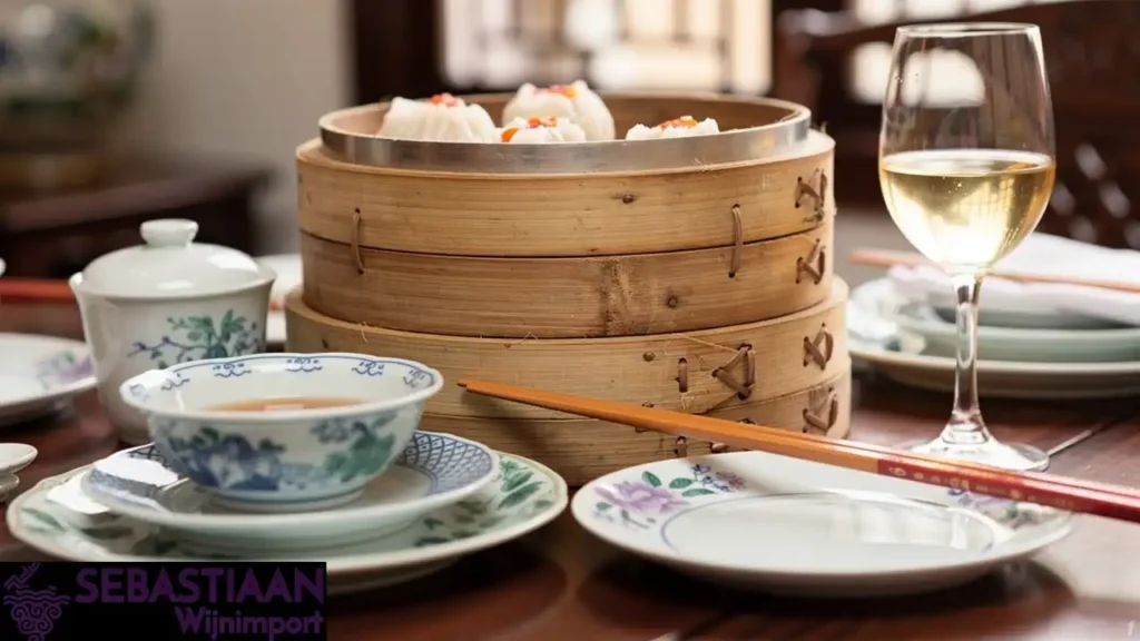 Dim sum met minerale witte wijn op traditionele Chinese tafel Dim sum met minerale witte wijn op traditionele Chinese tafel