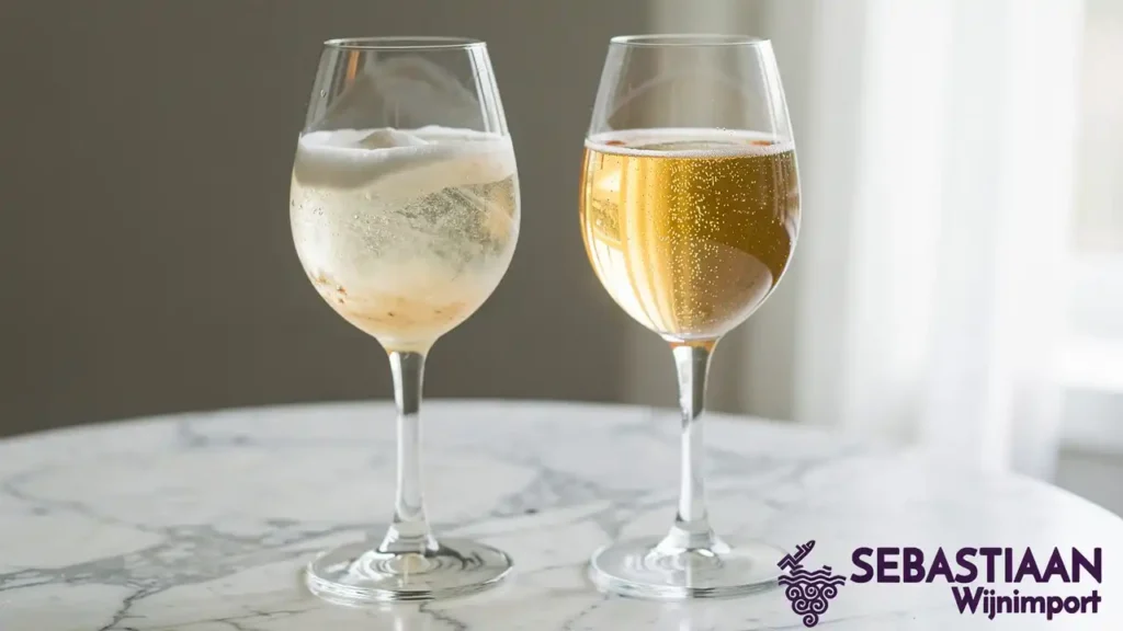 Vergelijking tussen troebele pet-nat en heldere champagne Vergelijking tussen troebele pet-nat en heldere champagne