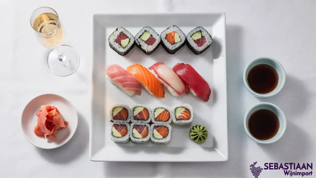 Sushi met mousserende wijn en Japanse serviesgoed Sushi met mousserende wijn en Japanse serviesgoed