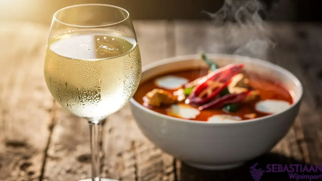Witte wijn naast een Thaise curry op houten tafel Witte wijn naast een Thaise curry op houten tafel