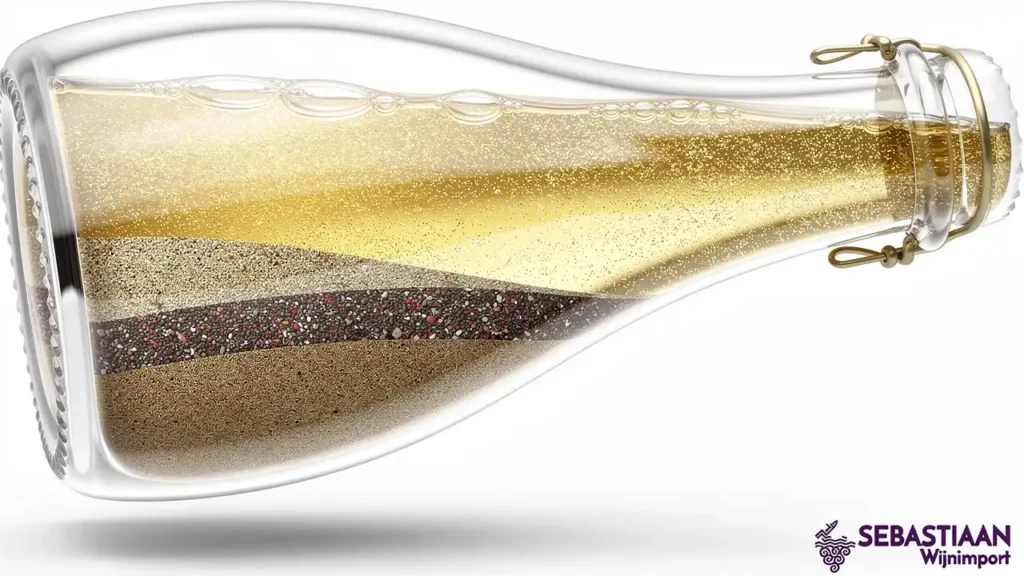 Dwarsdoorsnede champagnefles met zichtbare gistlies sediment Dwarsdoorsnede champagnefles met zichtbare gistlies sediment