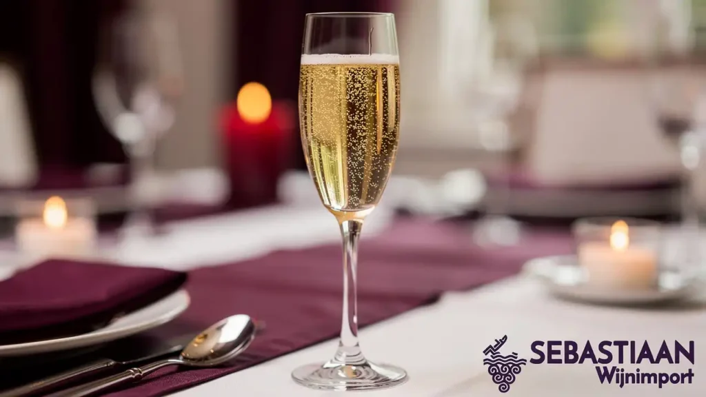 Champagneglas op elegante gedekte tafel met bubbels Champagneglas op elegante gedekte tafel met bubbels